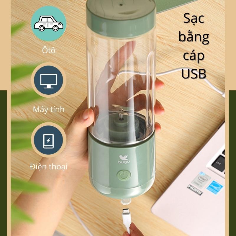 Máy Xay Sinh Tố Mini Cầm Tay 300ml 4 Lưỡi Dao Thép Không Gỉ Có Pin Tích Hợp Sạc USB Bugu BG-JS2