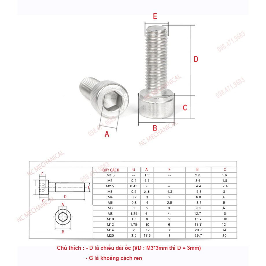 Bu lông ốc vít  inox 304  M1.4/M1.6 đầu trụ khắc lục giác chìm