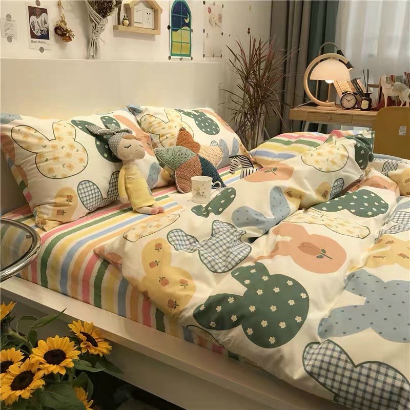 Bộ Chăn Ga Gối Cotton 3D Mẫu Thỏ Sắc Màu - Emly Bedding