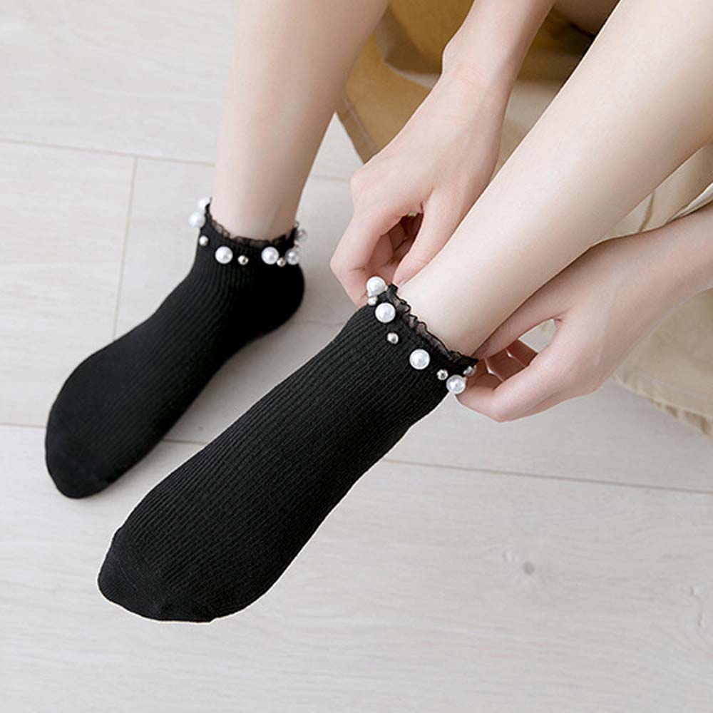 Vớ cổ cao màu trơn phối ren đính ngọc trai nhân tạo dành cho phái đẹp