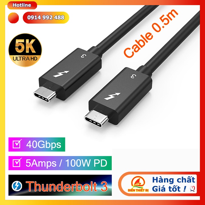 Cáp Thunderbolt 3 (USB-C) dài 0.5m (50cm) tốc độ 40Gbps, hỗ trợ sạc 20V-5A/ 100W PD. xuất hình ảnh 5K@60Hz