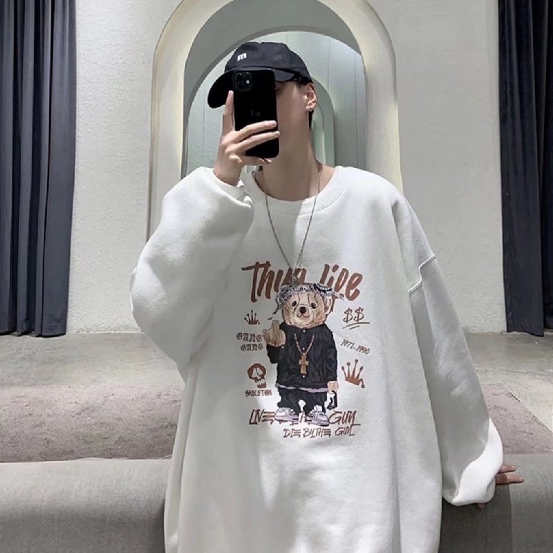 Áo sweater tay dài cổ tròn dáng rộng in họa tiết gấu hoạt hình phong cách Nhật Bản thời trang thu đông cho nam và nữ size M-5XL