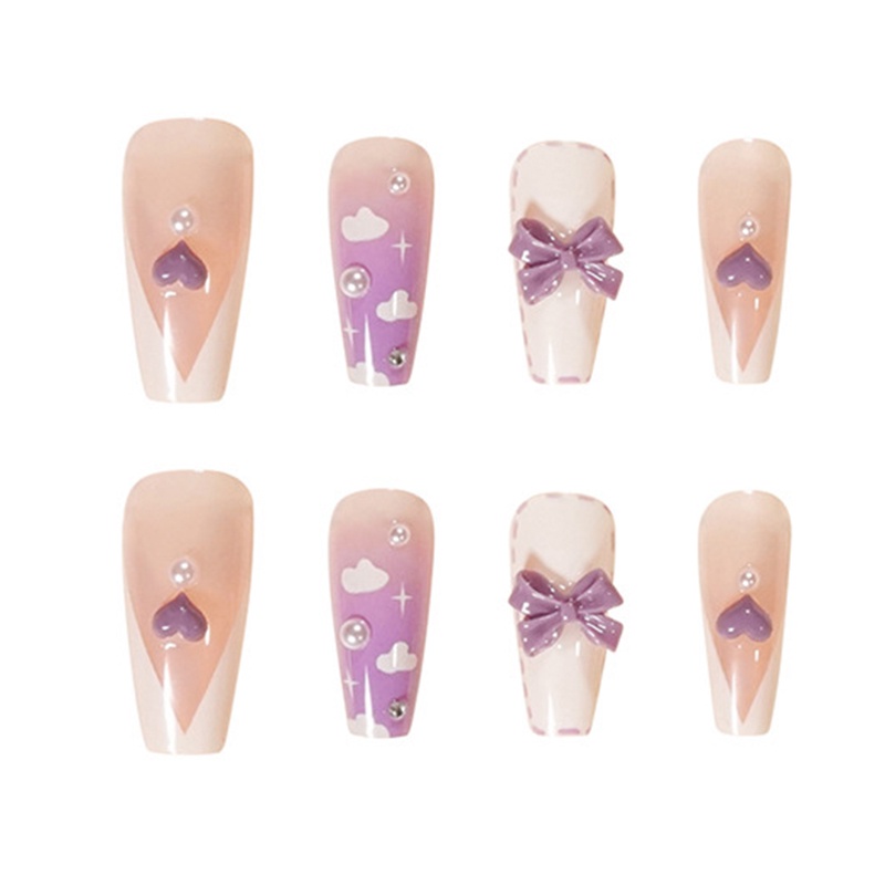 YADORNOS Set 24 móng tay giả YADORNOS dáng dài có thể tháo rời màu tím ngọt ngào thời trang