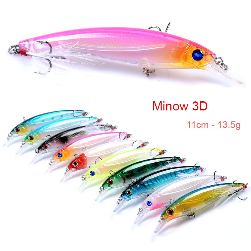 Mồi câu lure Minow 3D dài 11cm nặng 13,5g đặc biệt nhạy cá chẽm lá, Tráp, Hồng