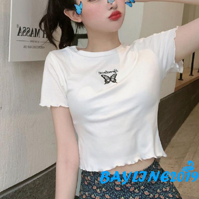 Áo Crop Top Tay Ngắn Hoạ Tiết Cánh Bướm Thời Trang Cho Phụ Nữ
