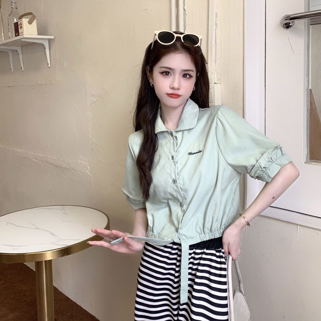 Áo Sơ Mi Dáng Rộng Cài Nút Thắt Dây Sáng Tạo Phong Cách Hàn Quốc Thời Trang Mù