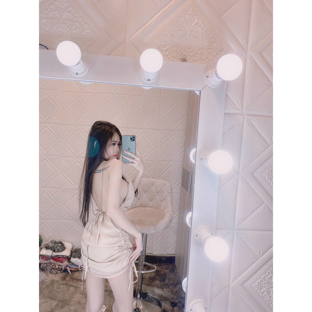 Đầm body dây xích rút 2 bên vải satin nhung cao cấp có mút ngực | BigBuy360 - bigbuy360.vn