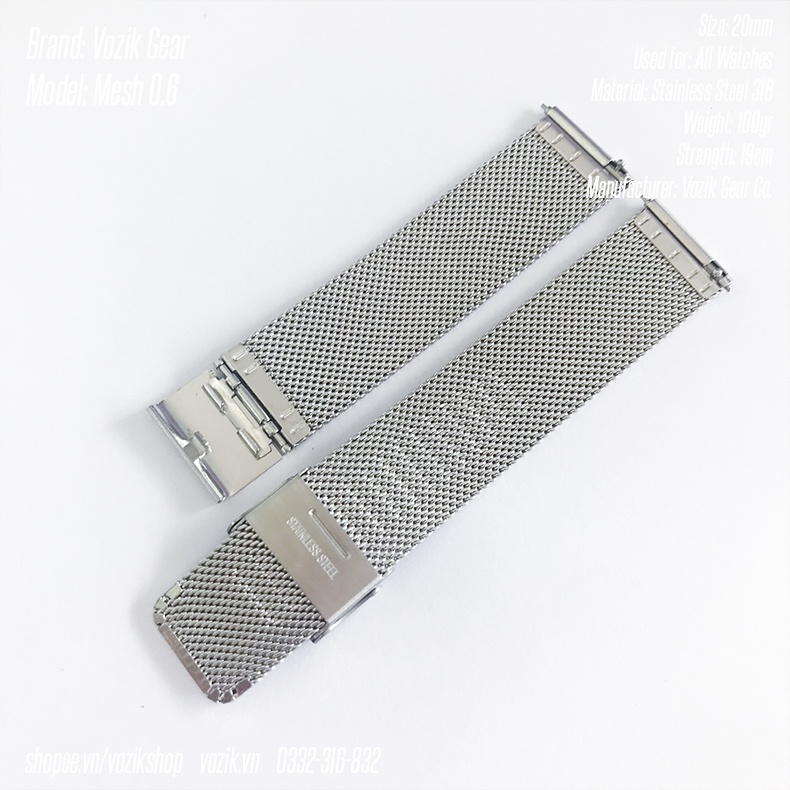 Dây đeo đồng hồ thép lưới mesh Mesh 0.6mm VOZIK - milanese strap band for watches - 4