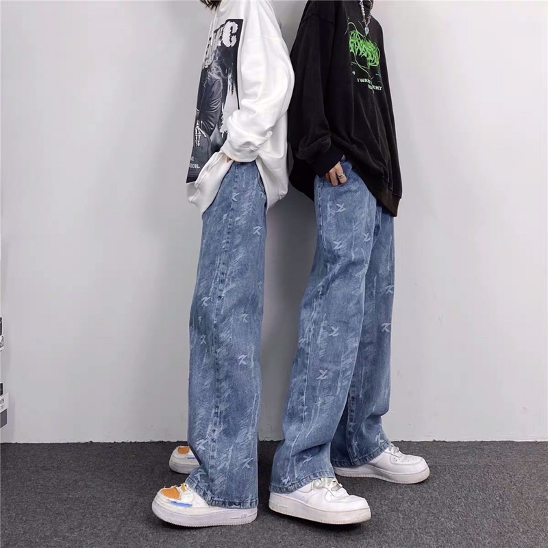 Quần bò jeans ống rộng mài hoạ tiết màu xanh nhạt hiphop siêu chất ❤️