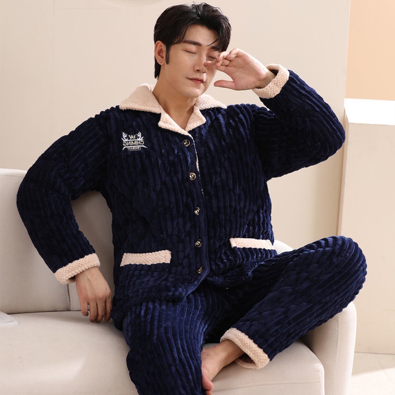 Bộ đồ ngủ pijama lông cừu san hô mới dành cho giới trẻ và trung niên mùa đông, bộ đồ phục vụ tại nhà bằng vải nỉ cỡ lớn