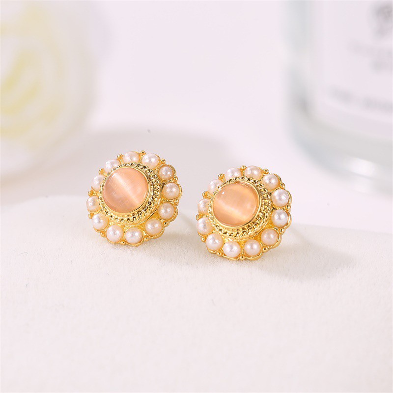 Khuyên tai đính hạt ngọc trai nhân tạo đá mắt mèo giả kiểu Hàn Quốc