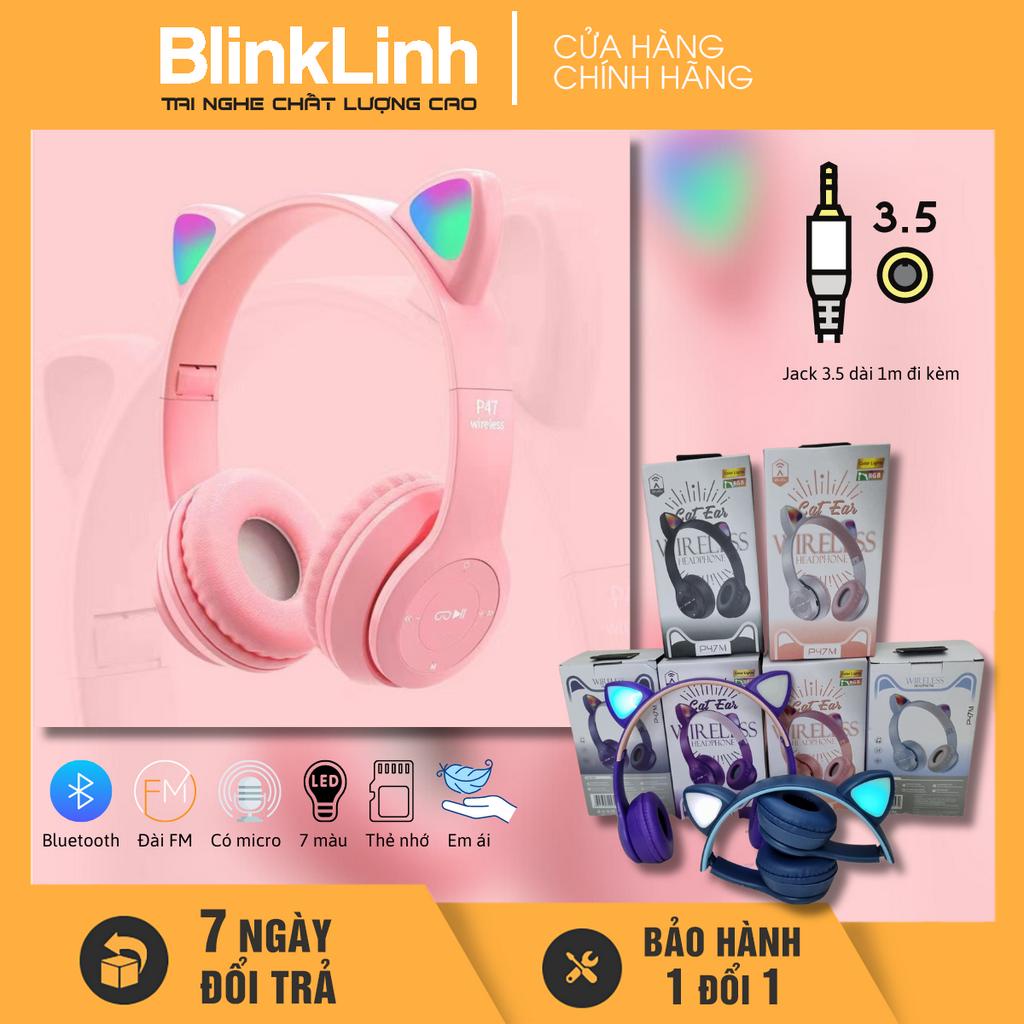 Tai Nghe Mèo Chụp Tai Bluetooth , Bản quốc tế có cáp 3.5 dài 1m, FM, Khe cắm thẻ nhớ, Phát Sáng Dễ Thương