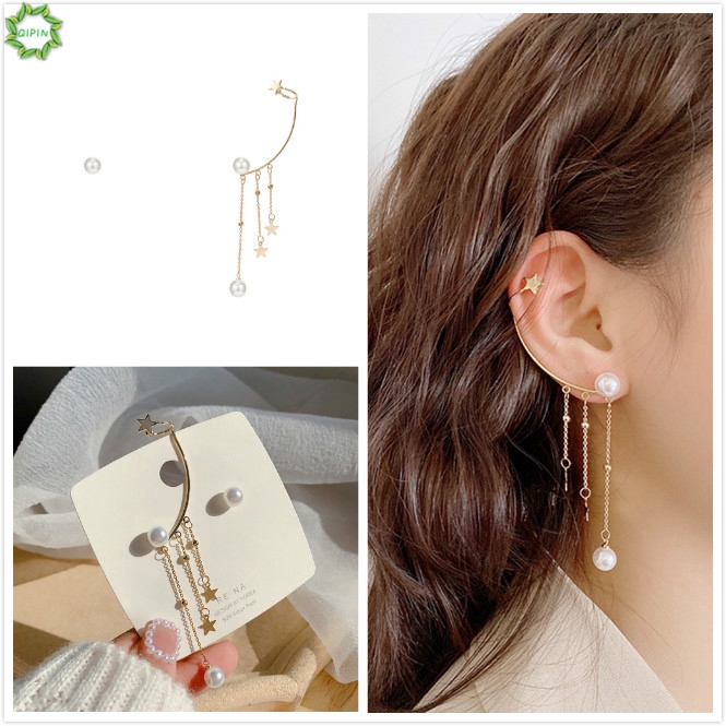 Đôi khuyên Tai Nữ Thiết Kế Ôm Vành Tai Thả Tua Rua Dài Độc Đáo Sáng Tạo