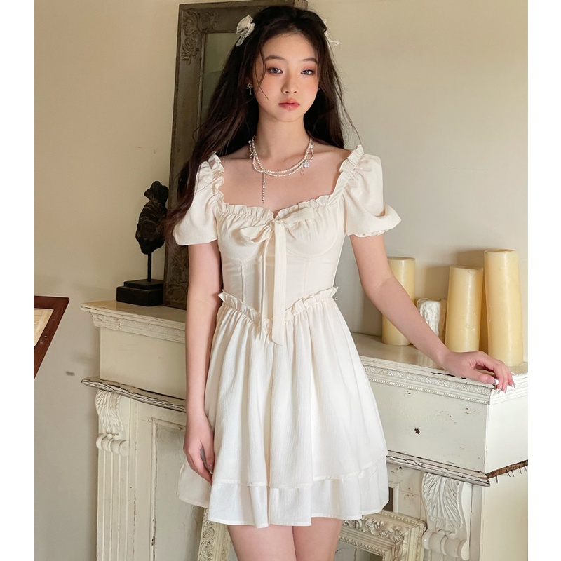 Đầm midi Cổ Vuông Tay Phồng Đính Nơ Thời Trang Mùa Hè Xinh Xắn Cho Nữ