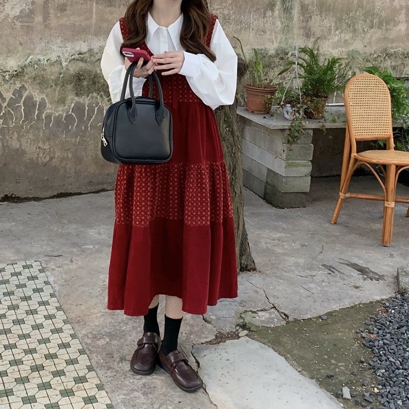 Đầm Yếm Hai Mảnh Màu Đỏ Phong Cách Giáng Sinh Retro Thời Trang Thu Đông Cho Nữ