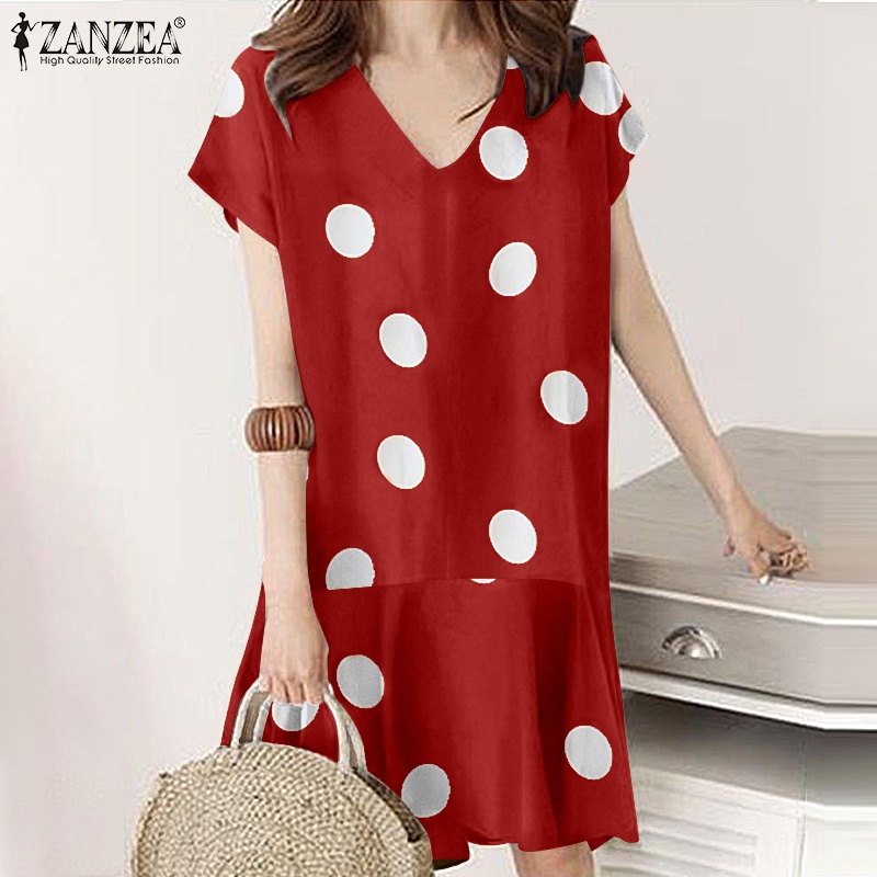 Đầm mini ZANZEA tay ngắn họa tiết chấm bi nhún bèo vintage phong cách thường ngày dành cho nữ