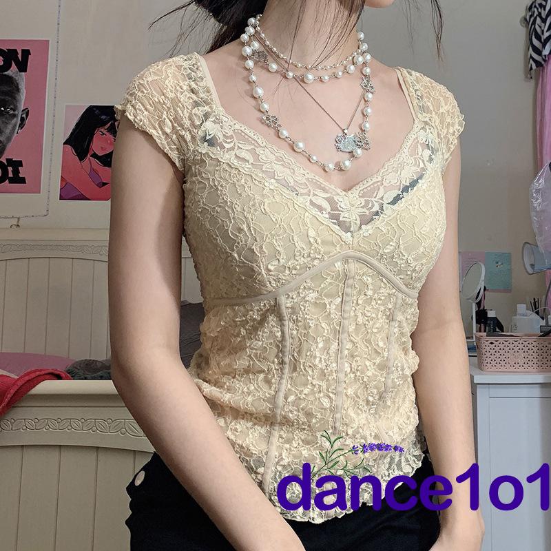 Áo thun tay ngắn cổ chữ V phối ren thời trang cho nữ