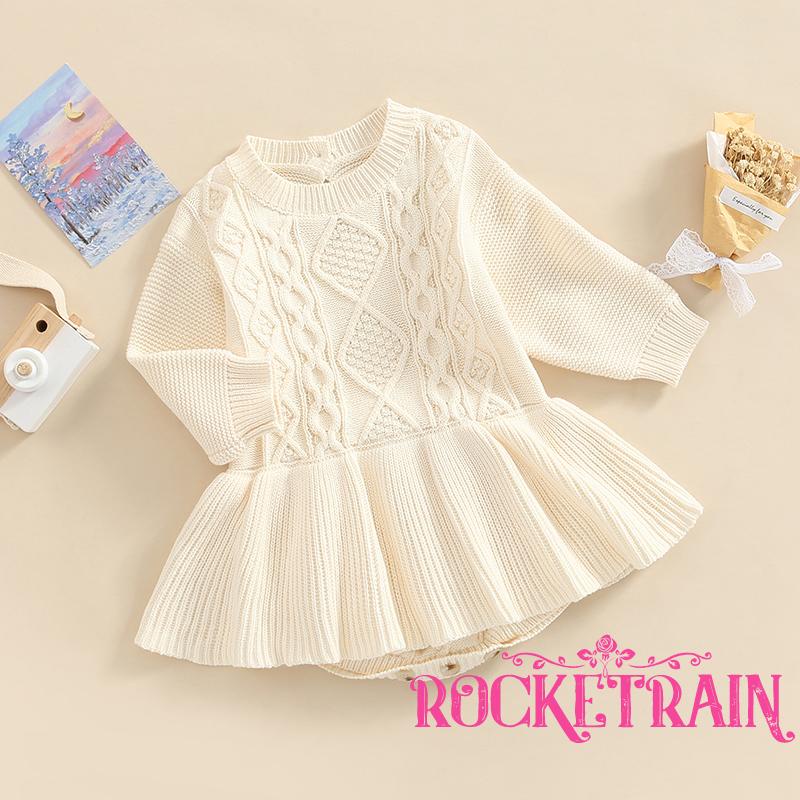 Áo Liền Quần Dệt Kim Tay Dài Cổ Tròn Màu Sắc Đơn Giản Cho Bé