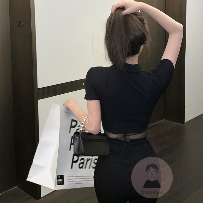 DRE-Women Attractive Sheer Bodysuit, Black Solid Color Quarter Zip Turn-down Neckline Bodysuit