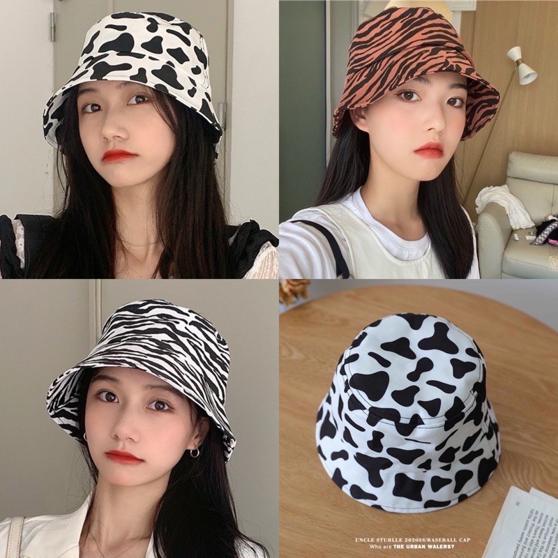 Mũ buket, mũ tai bèo họa tiết bò sữa và ngựa vằn phong cách Hàn Quốc đáng yêu