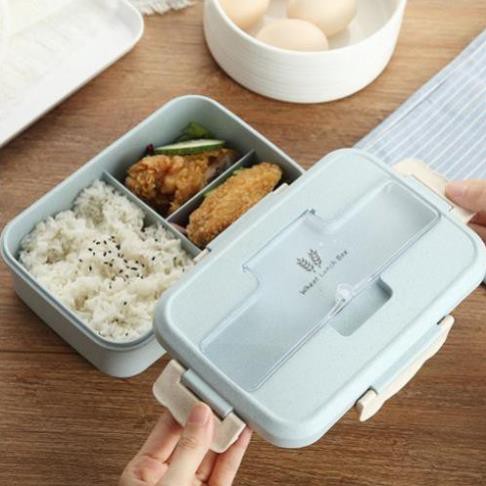 Hộp cơm trưa văn phòng 3 ngăn nhựa lúa mạch kèm đũa thìa inox