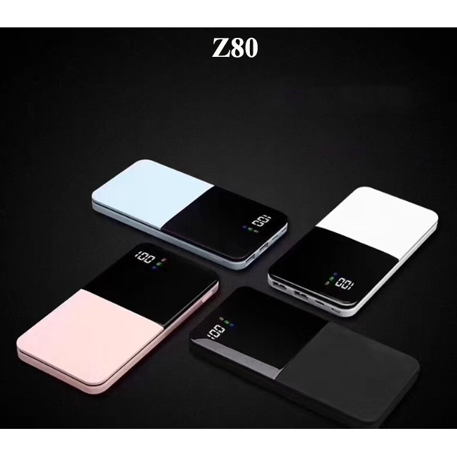 Pin Sạc Dự Phòng Siêu Mỏng Mặt Kính Mini Z80 10000mAh Power Bank Sạc Nhanh 2.1A Đèn Led Chữ Số 2 cổng đầu ra USB