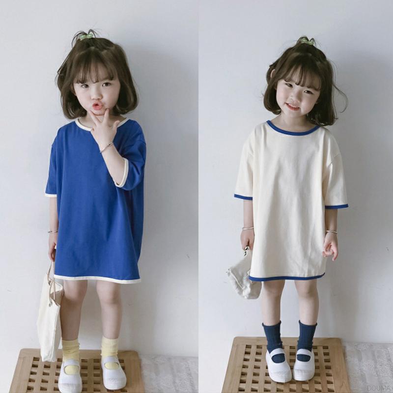 Đầm Bé Gái Tay Ngắn Màu Trơn Phong Cách Hàn Quốc