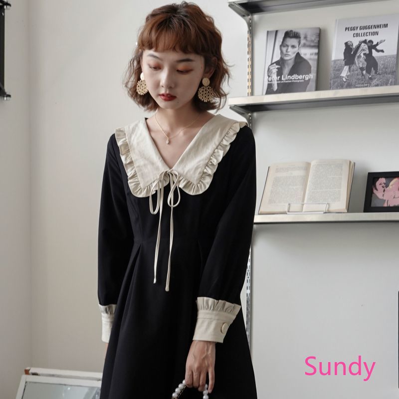 Đầm tay dài màu đen phong cách retro Pháp thời trang mùa thu xinh xắn cho nữ | BigBuy360 - bigbuy360.vn