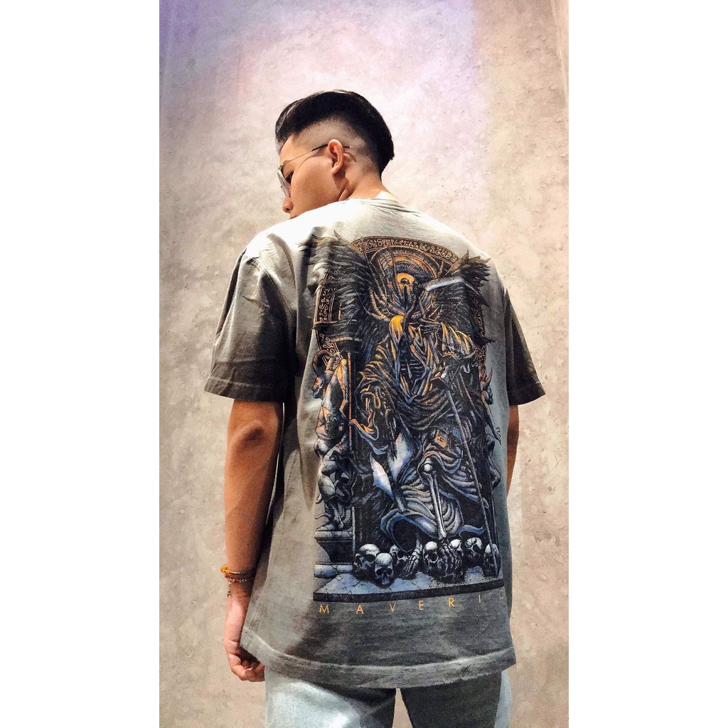 Áo thun xám xanh wash rock In Lụa Thần Chết Grim Reaper - size lớn oversize bigsize - chất xuất mỹ form unisex nam nữ