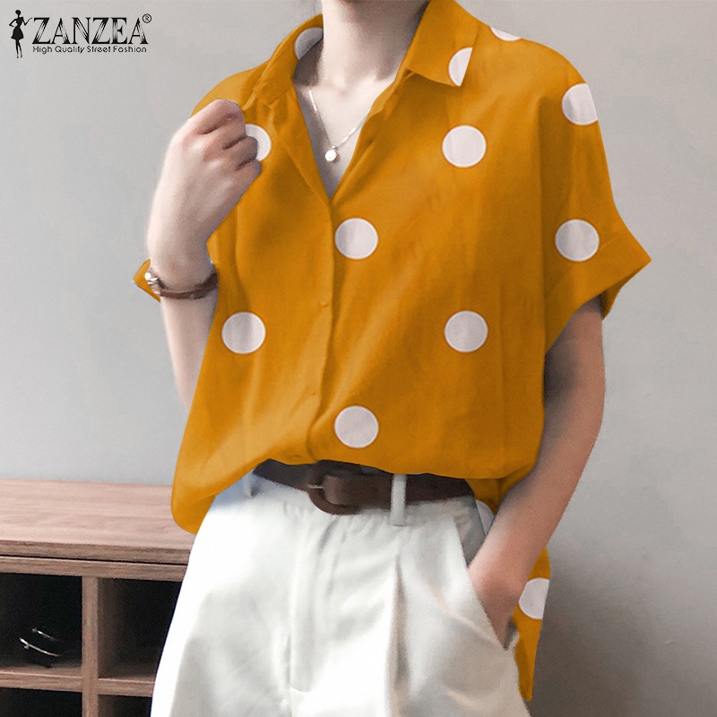 ZANZEA Áo Sơ Mi Ngắn Tay Họa Tiết Chấm Bi Thời Trang Dành Cho Nữ