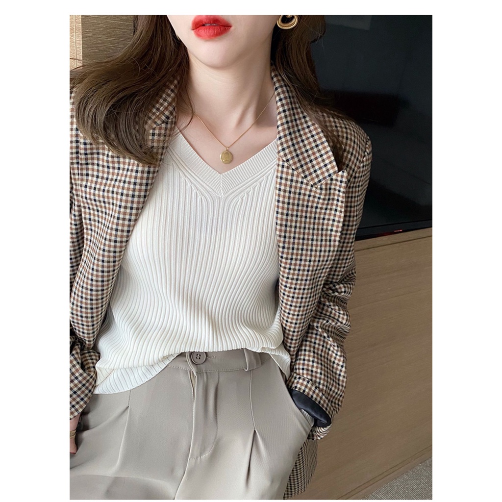 ZHELIHANGFEI Áo Len Tay Dài Cổ Chữ V Dáng Ôm Quyến Rũ Trẻ Trung Hợp