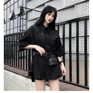 Đầm sơ mi đen thắt lưng kiểu