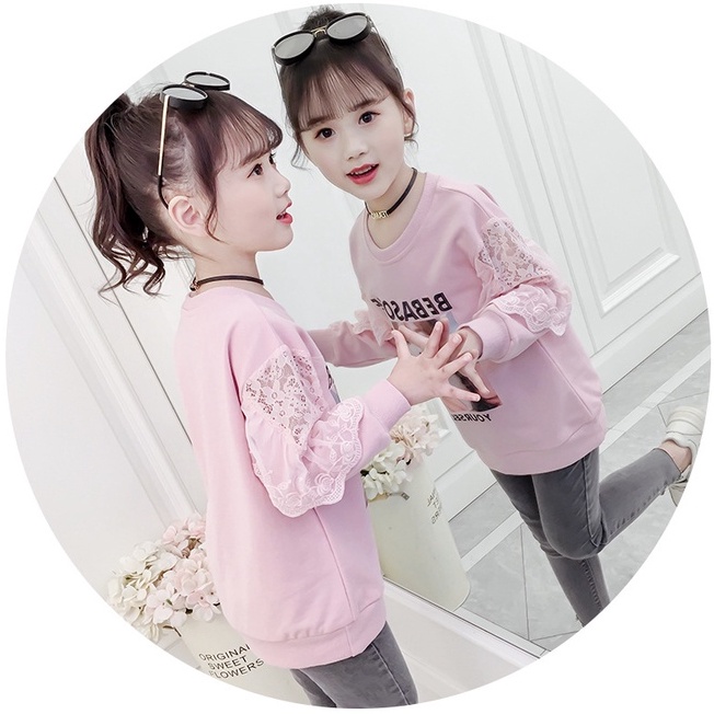 Áo thu đông bé gái lớn họa tiết hình cô gái phối tay ren siêu xinh