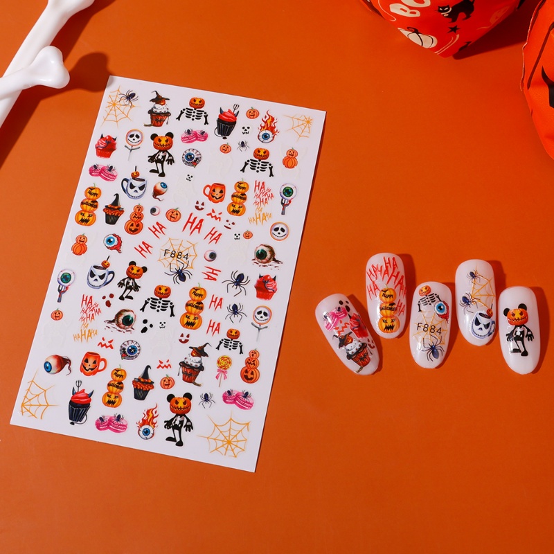 1 Tấm Sticker Dán Móng 3D Họa Tiết Halloween Chống Nước Tự Dính Hình Đầu Lâu Bí Ngô Nơ Hoạt Hình Trang Trí Móng Tay DIY