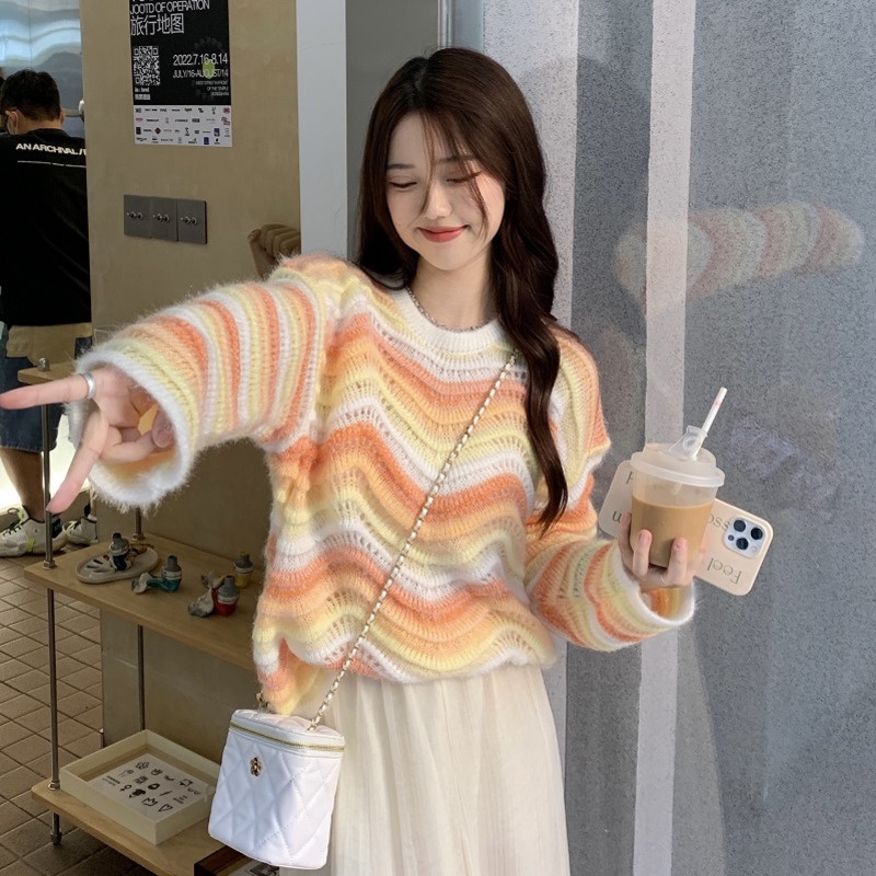 Áo Sweater Dệt Kim Tay Dài Khoét Lỗ Họa Tiết Kẻ Sọc Nhiều Màu Thời Trang Mùa Thu Phong Cách Phương T