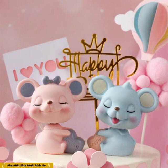 Cặp chuột trang trí bánh kem HPBD dễ thương