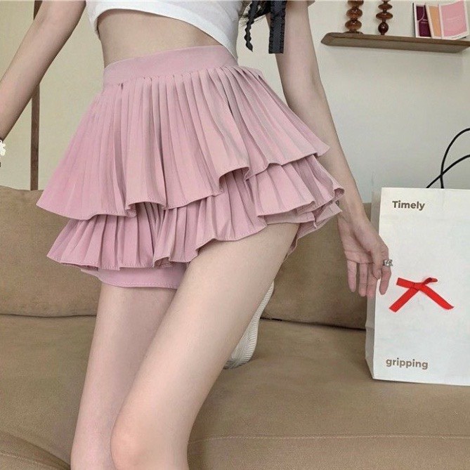 Chân Váy Dếp Ly Phân Tầng Dáng Xòe Vintage Tiểu Thư Kèm Quần Trong Váy