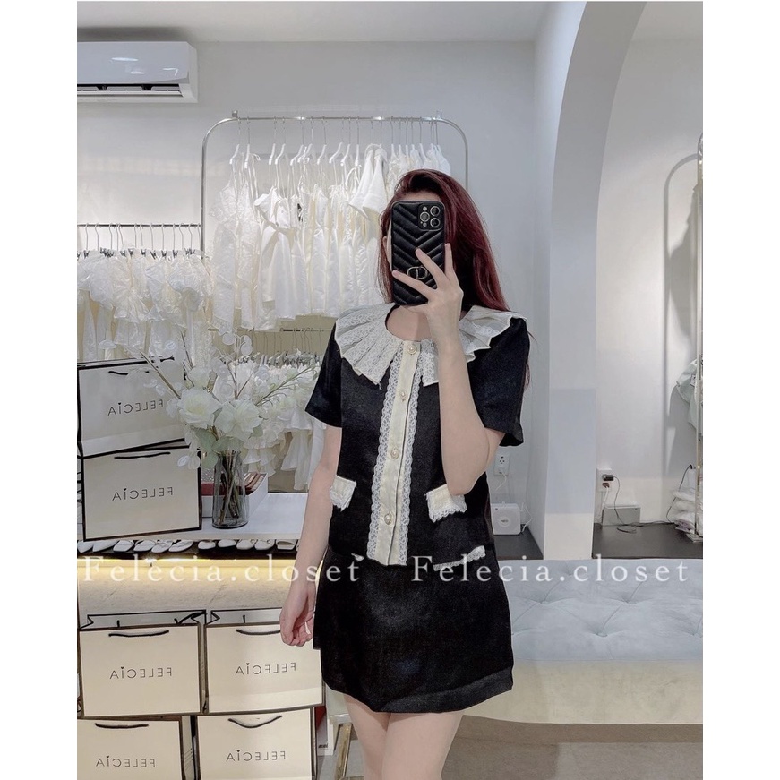 SET ÁO ĐEN CỔ REN HOA HÀNG NÚT + CHÂN VÁY LÓT QUẦN VIỀN TRẮNG