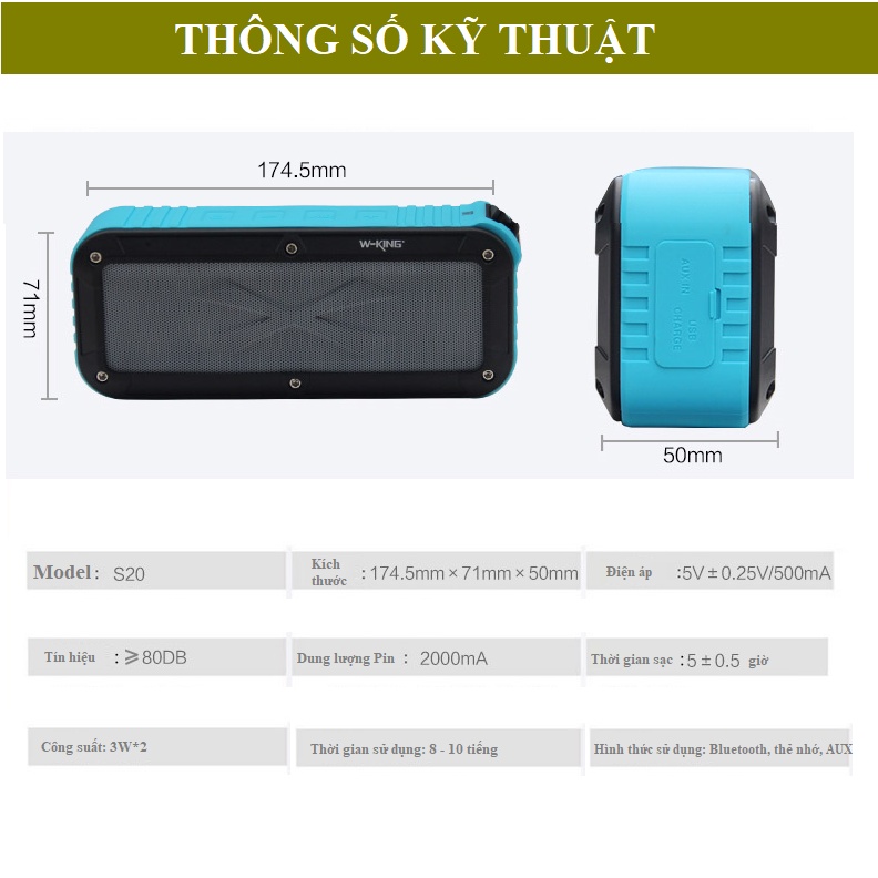 Loa di động Bluetooth thể thao kháng nước kháng bụi IPx6 chính hãng W-King S20