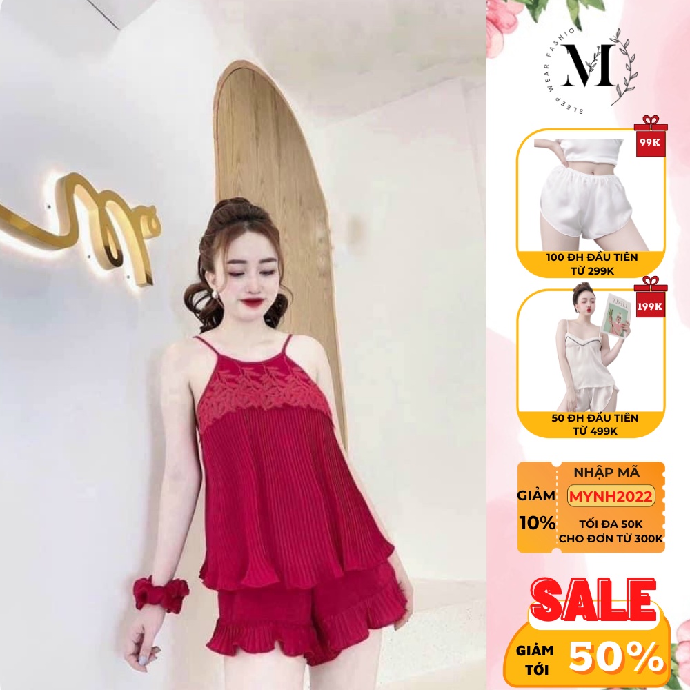 [ Lụa Cao Cấp ] Đồ ngủ sexy áo yếm 2 dây dập ly phối ren và quần đùi gợi cảm mặc nhà chất liệu lụa satin mềm mịn 013