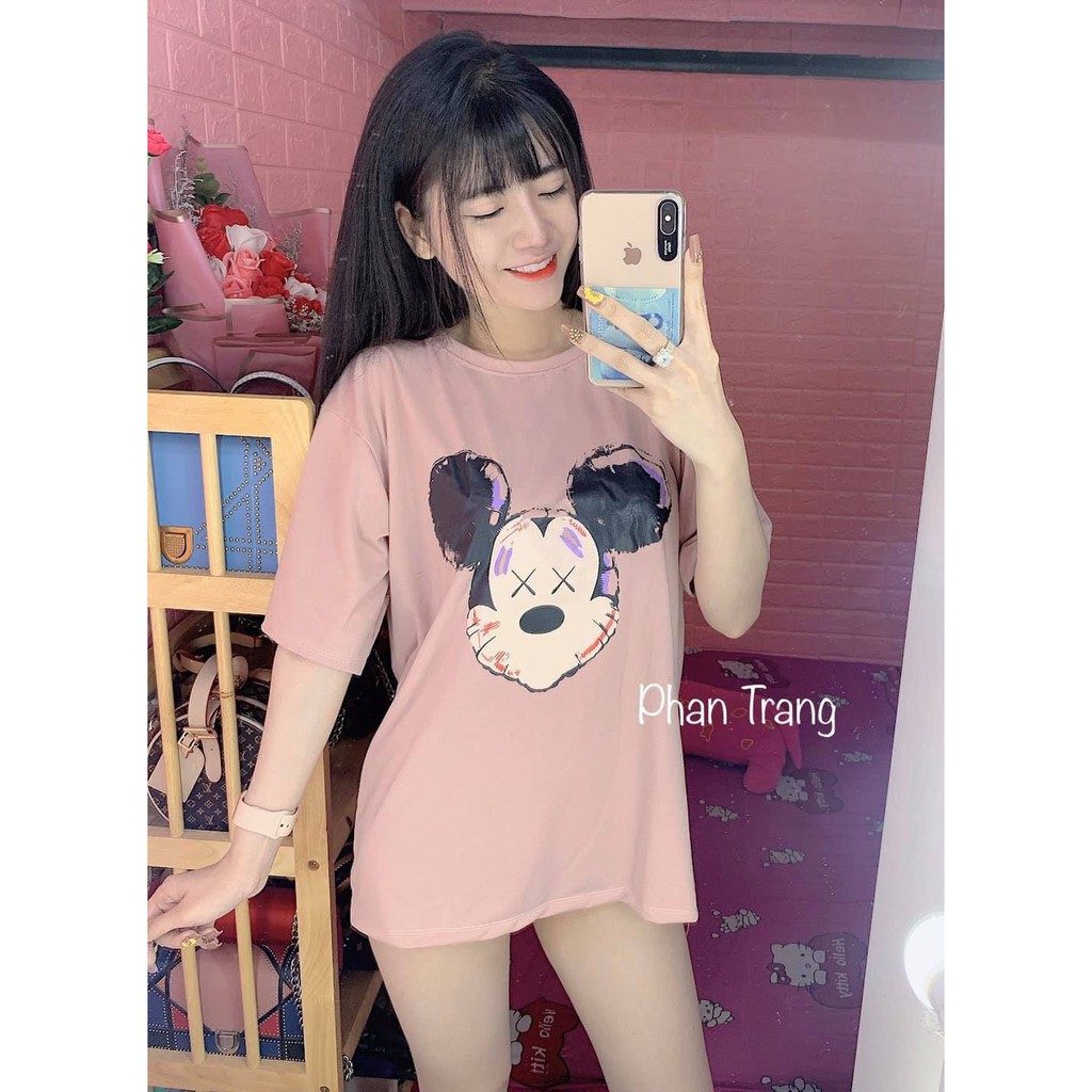 Áo thun form rộng xinh xinh màu hồng cute in hình chuột mickey trước sau xinh
