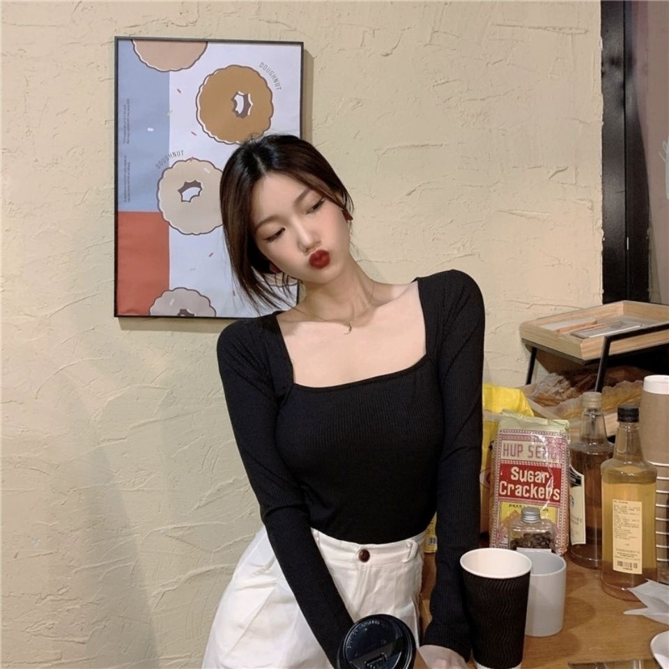 Áo thun COZOK tay dài cổ vuông phong cách Hàn Quốc quyến rũ dành cho nữ