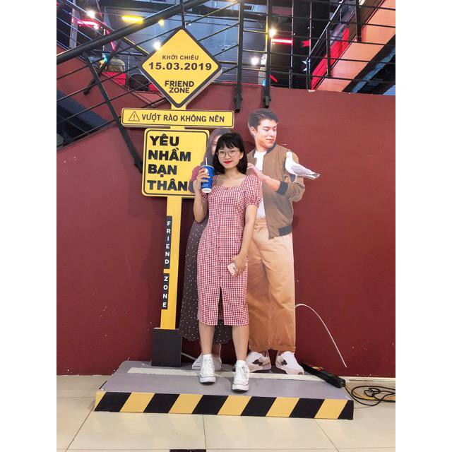 Đầm Nữ Caro Cổ Vuông Cột Nơ