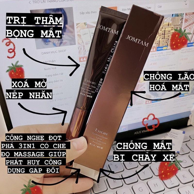 CHÍNH HÃNG Kem Dưỡng Ngừa Thâm Bọng Mắt Tích Hợp Máy Massage Rung Xoá Mờ Nếp Nhăn Vết Chân Chim Kem Dưỡng Mắt JOMTAM