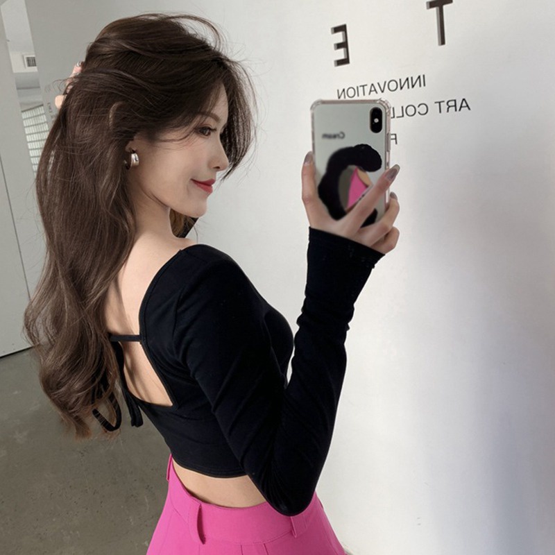 Áo Thun Crop Top Cổ Vuông Tay Dài Hở Lưng Màu Sắc Đơn Giản Dành Cho Nữ