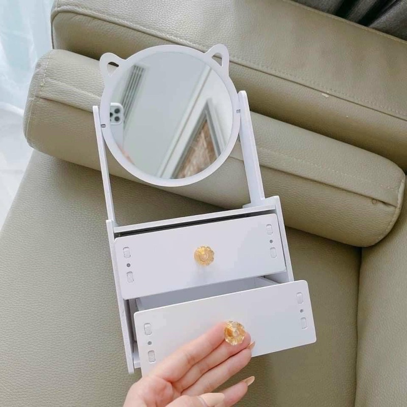 Kệ mỹ phẩm để bàn 2 ngăn có gương hình mèo - Kệ đựng đồ trang điểm trang sức có gương 2 tầng hình tai mèo dễ thương