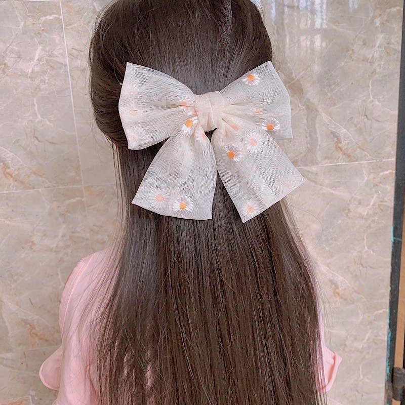 Kẹp tóc nơ bản to cúc thêu hoa, kẹp bấm phong cách Hàn quốc