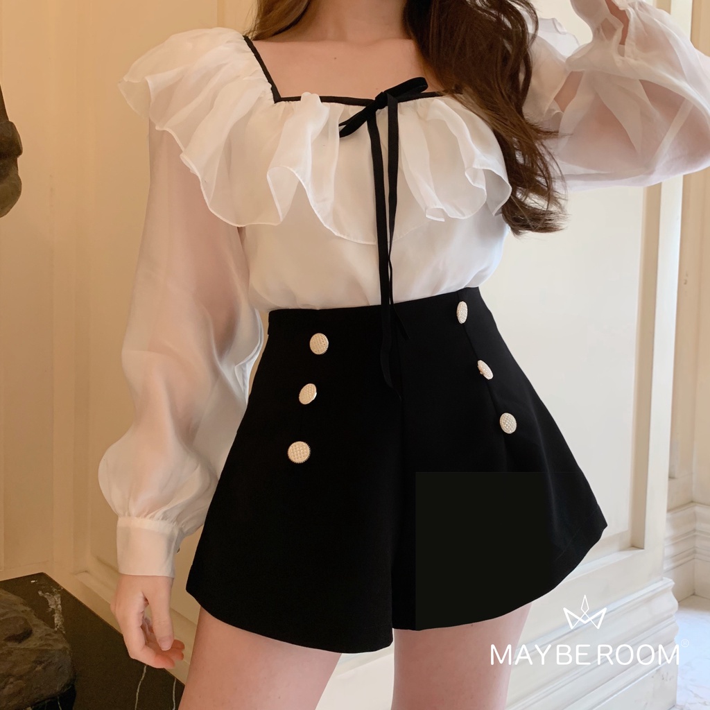 Quần short thiết kế dáng suông chữ A cạp cao đen lì Charmie Bottom Mayberoom
