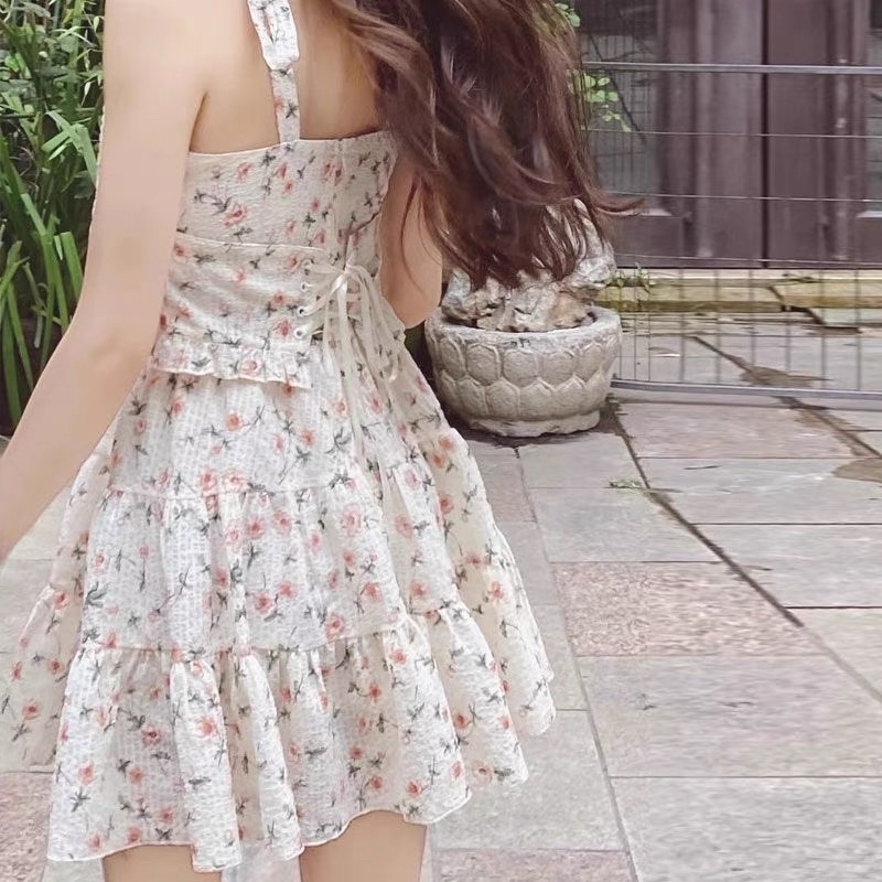 Đầm hoa nhí hai dây tiểu thư hàng quảng châu