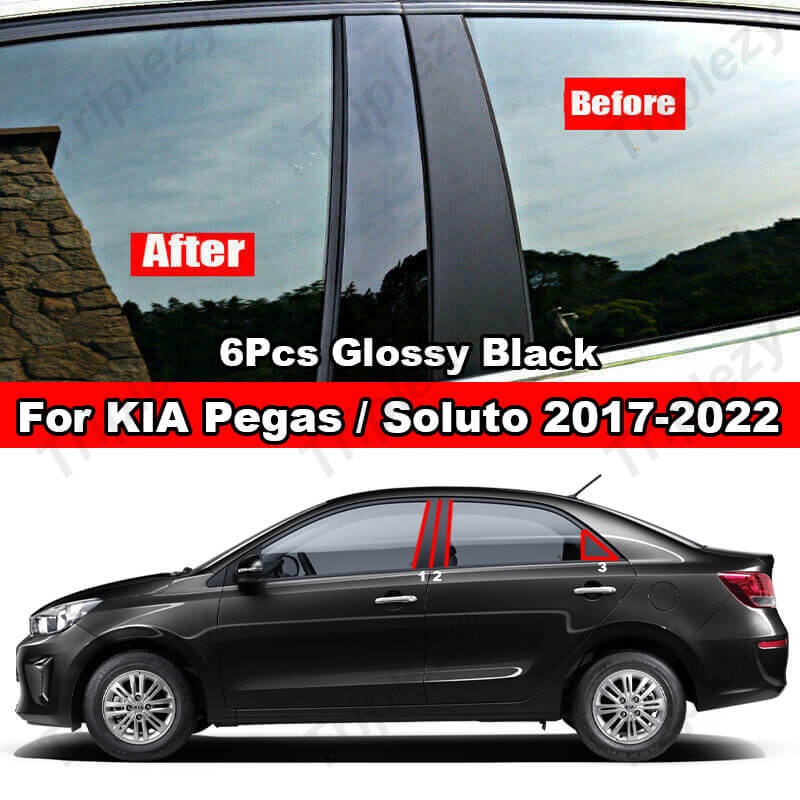 Bộ 6 Miếng Dán Trang Trí Cửa Sổ Xe Hơi KIA Soluto Pegas 2017-2022 Bằng PC Hiệu Ứng Đen Bóng